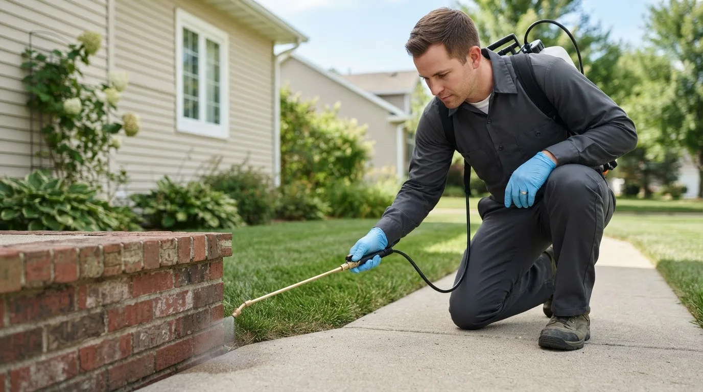 Pest control technician treating a home near Onslow, IA