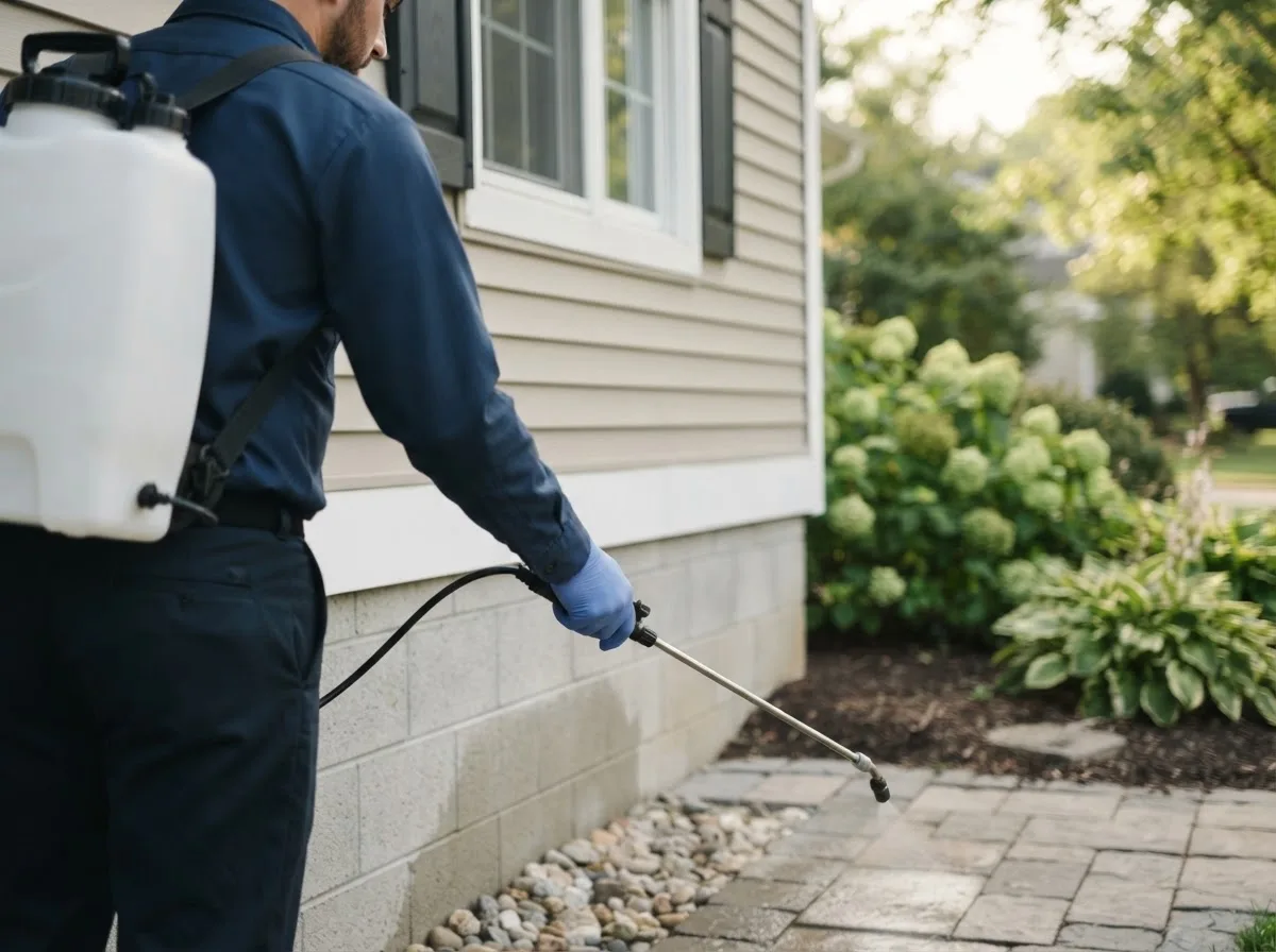 Pest control technician inspecting a home in Onslow, IA